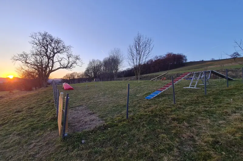 Trainingsgelände von Dog Harmony bei Sonnenuntergang mit Hindernissen im eingezäunten Gelände
