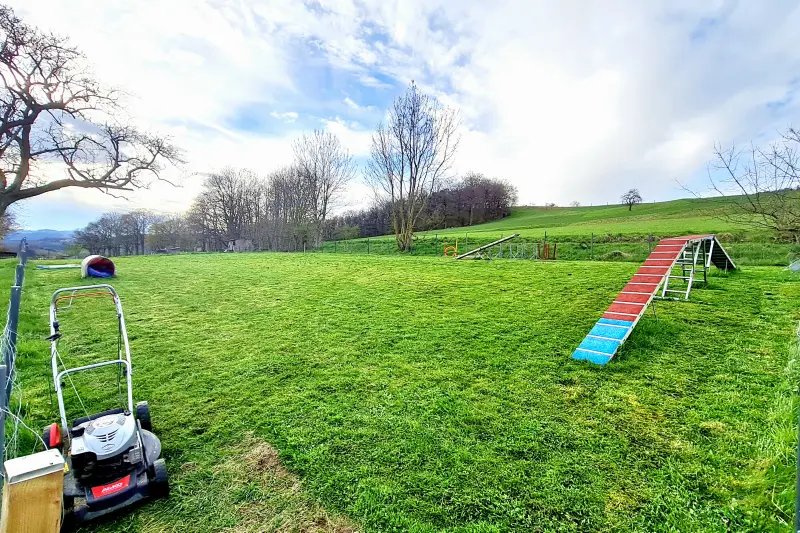 Eingezäuntes Trainingsgelände von Dog Harmony mit Laufsteg auf einer grünen Wiese